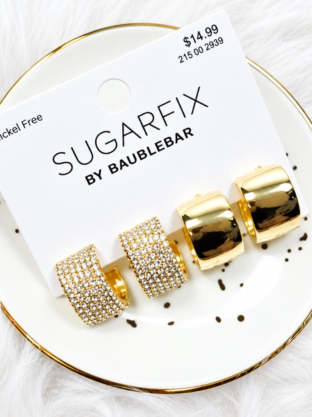 BaubleBar Sugarfix Gold Rhinestone Huggie Hoop Earring Set Nickel Free 2 Pairs